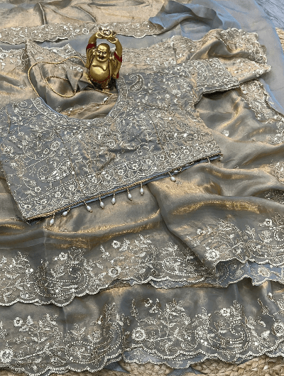 Grey Silk Sari Free Stitched Blouse - BONYHUBSAREE
