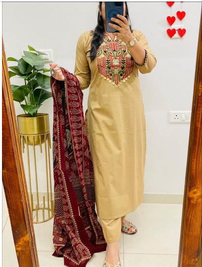 Beige Red Straight Cotton Salwar suit