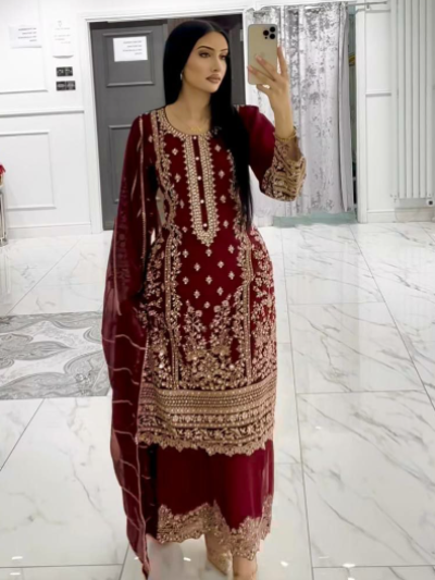 Rich Maroon Gold Embroidery Georgette Palazzo Suit