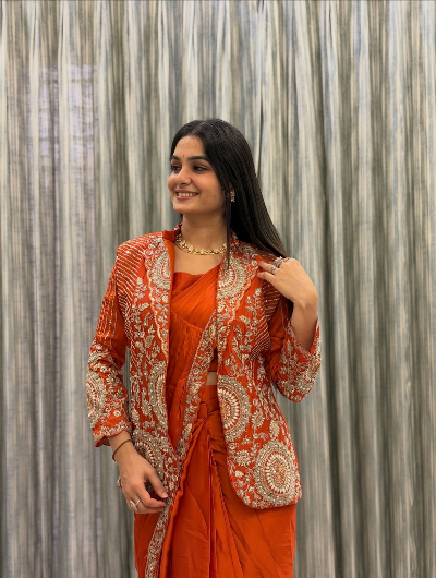 1 Min Orange Embroidered Ready to Wear Stitched Saree Blouse & Koti