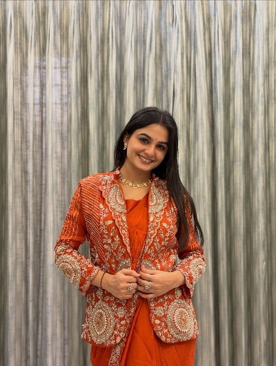 1 Min Orange Embroidered Ready to Wear Stitched Saree Blouse & Koti