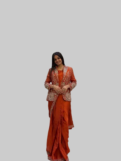 1 Min Orange Embroidered Ready to Wear Stitched Saree Blouse & Koti