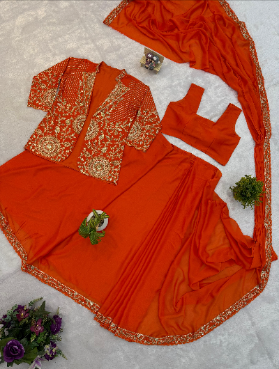 1 Min Orange Embroidered Ready to Wear Stitched Saree Blouse & Koti