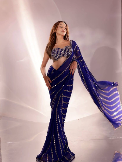 Blue Mirrorwork  Designer  Ready To Wear Saree Unstitch Blouse Pc
