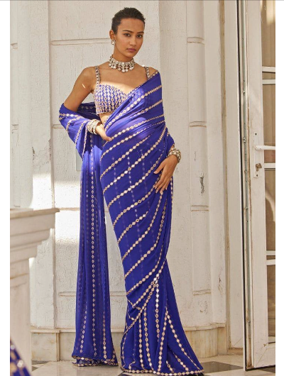 Blue Mirrorwork  Designer  Ready To Wear Saree Unstitch Blouse Pc