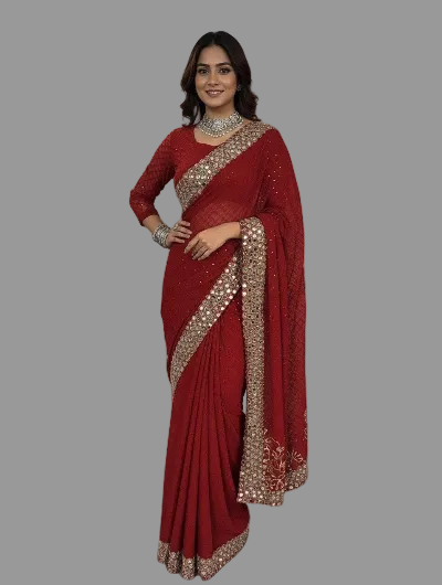 Rust red Designer  Ready To Wear Saree Unstitch Blouse Pc