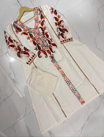 Cream Designer Kurti and Pant (Set of 2)