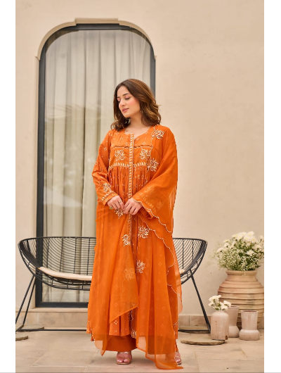 Cotton Butti Anarkali Kurti, Pant and Dupatta Set of 3