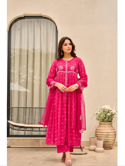 Cotton Butti Anarkali Kurti, Pant and Dupatta Set of 3