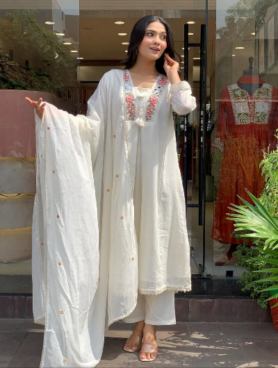 White Cotton Chikan Embroidered Anarkali Suit