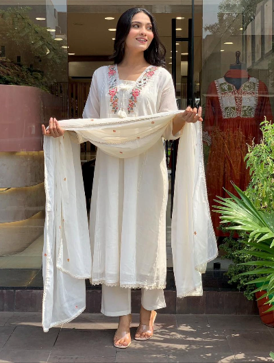 White Cotton Chikan Embroidered Anarkali Suit