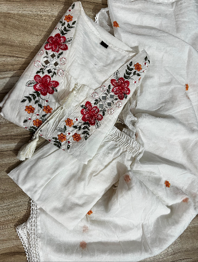 White Cotton Chikan Embroidered Anarkali Suit