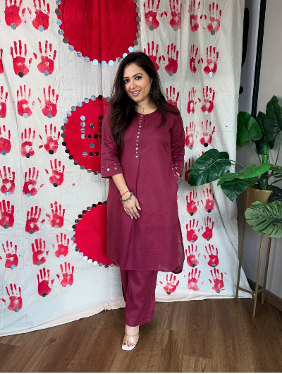 Pink Petite Mirrorwork Kurti and Pant (Set of 2)