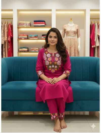 Navy Blue Floral Cotton  Kurti Pant Set