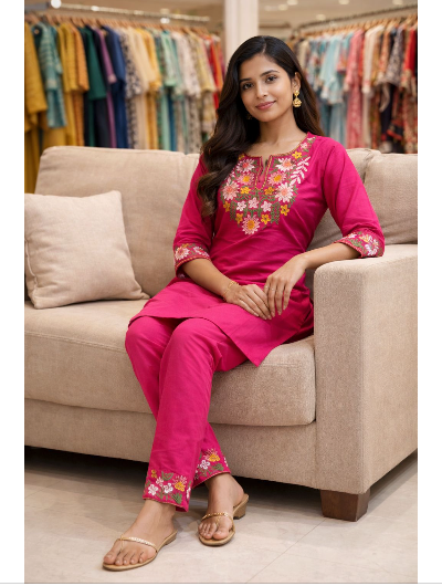 Navy Blue Floral Cotton  Kurti Pant Set