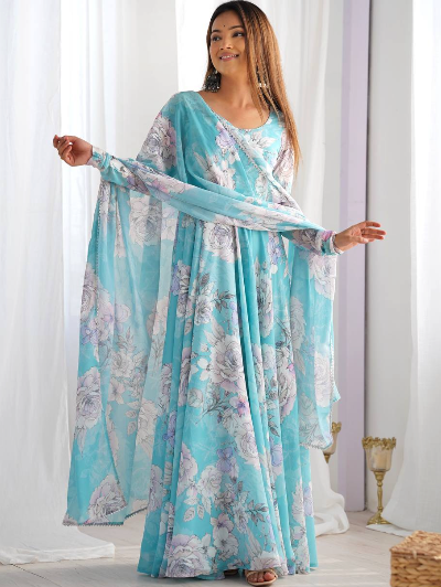 Ice Blue Organza Silk Anarkali Gown with Dupatta (2 Pcs)