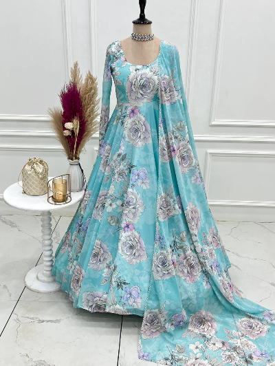 Ice Blue Organza Silk Anarkali Gown with Dupatta (2 Pcs)