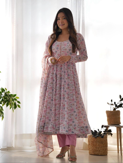 Blush Pink Organza Silk Anarkali Suit Set of 3