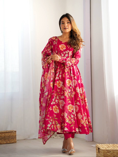 Soft Organza Anarkali Flared Suit Set of 3