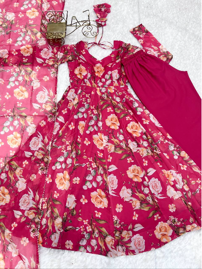 Soft Organza Anarkali Flared Suit Set of 3