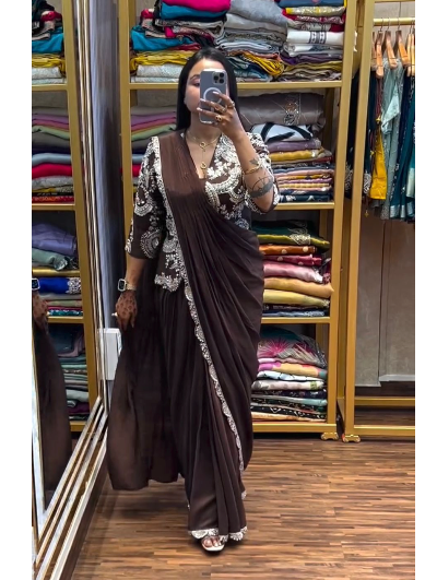 1 Min Brown Embroidered Ready to Wear Stitched Saree Blouse & Koti