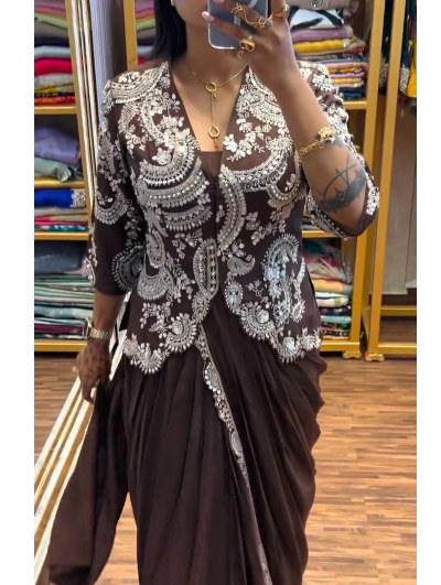 1 Min Brown Embroidered Ready to Wear Stitched Saree Blouse & Koti