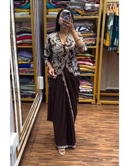 1 Min Brown Embroidered Ready to Wear Stitched Saree Blouse & Koti