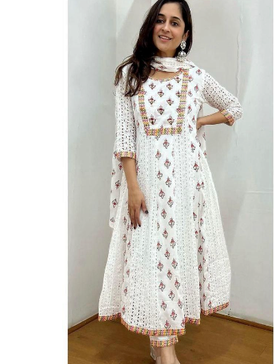 Graceful White Malmal Cotton Embroidery Anarkali Suit Set