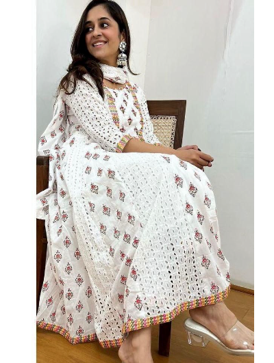 Graceful White Malmal Cotton Embroidery Anarkali Suit Set