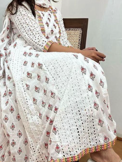 Graceful White Malmal Cotton Embroidery Anarkali Suit Set