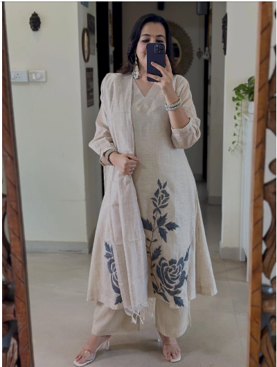 OffWhite  Khadi Cotton Printed Anarkali Suit