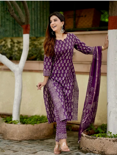 Blue Classy Print Cotton Straight Suit Set