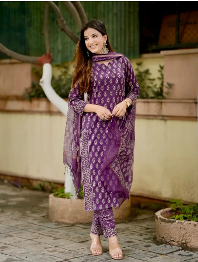 Blue Classy Print Cotton Straight Suit Set