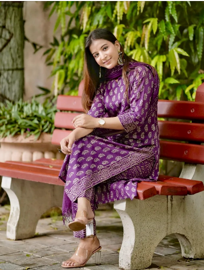 Blue Classy Print Cotton Straight Suit Set
