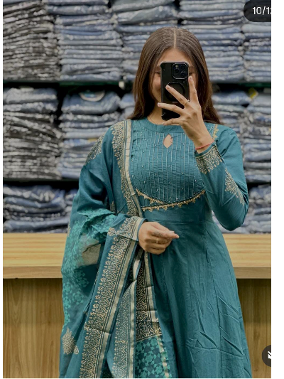Teal Blue Cotton Anarkali Suit Set