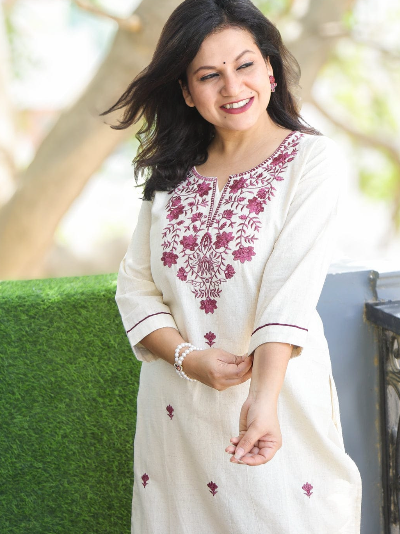 Dusty Lilac Chinon Embroidery Kurti Pant Suit Set