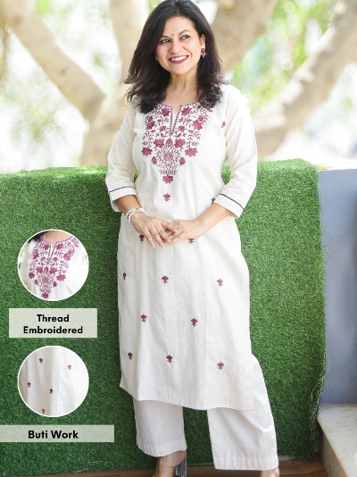 Dusty Lilac Chinon Embroidery Kurti Pant Suit Set