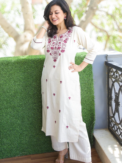 Dusty Lilac Chinon Embroidery Kurti Pant Suit Set