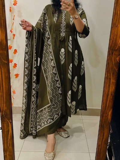 Cotton Printed Salwar Kameez Kurti Pant Set with Dupatta