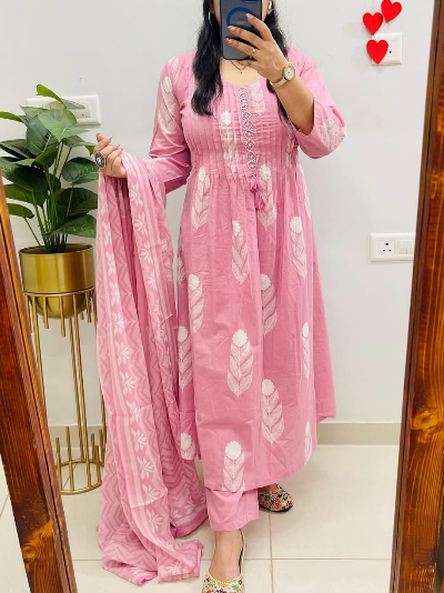 Cotton Printed Salwar Kameez Kurti Pant Set with Dupatta