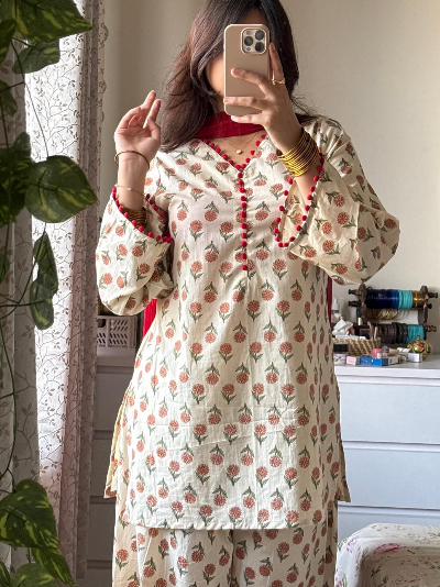 Off White Cotton Printed Salwar Kameez Kurti Palazzo Set