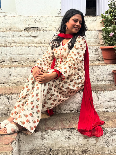 Off White Cotton Printed Salwar Kameez Kurti Palazzo Set