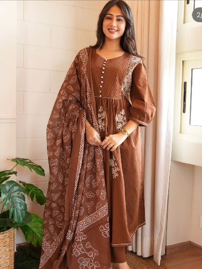 Brown Mustard Cotton Embroidered Salwar Kameez Kurti Pant Set