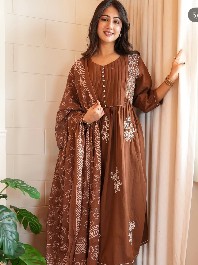 Brown Mustard Cotton Embroidered Salwar Kameez Kurti Pant Set