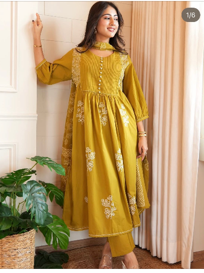 Brown Mustard Cotton Embroidered Salwar Kameez Kurti Pant Set
