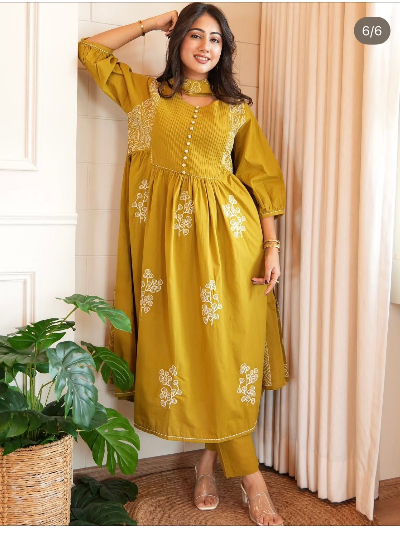 Brown Mustard Cotton Embroidered Salwar Kameez Kurti Pant Set
