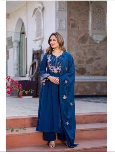 Cotton Embroidered Salwar Kameez A-Line Kurti Pant Set with Dupatta