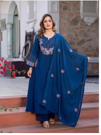 Cotton Embroidered Salwar Kameez A-Line Kurti Pant Set with Dupatta
