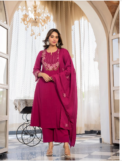 Cotton Embroidered Salwar Kameez A-Line Kurti Pant Set with Dupatta