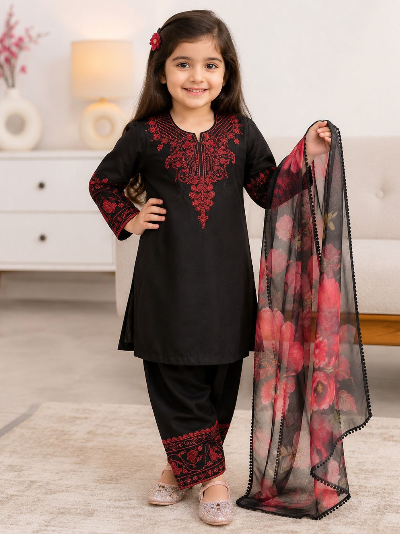 Kids Black Red Embroidered Suit | 3 Piece Festive Outfit
